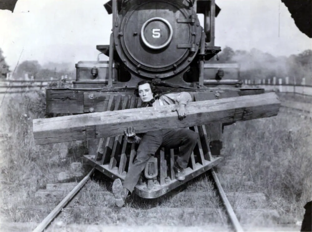 Keaton on the Train Cowcatcher