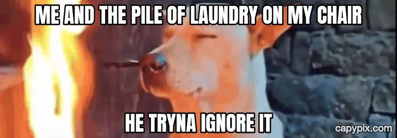 He Tryna Ignore It meme example: Me and the pile of laundry on my chair / he tryna ignore it