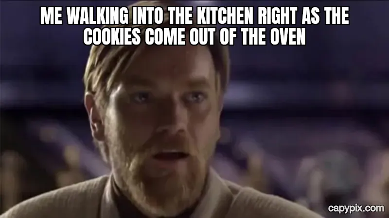 Hello There meme example: Me walking into the kitchen right as the cookies come out of the oven