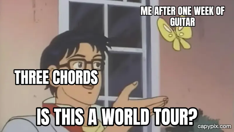 Is This a Pigeon? meme example: Me after one week of guitar / Three chords / Is this a world tour?