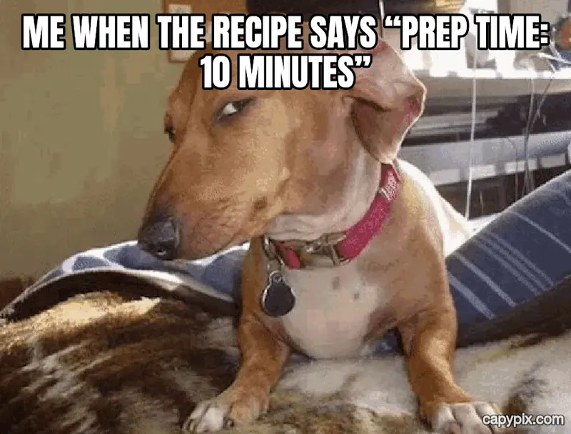 Side Eye Dog meme example: Me when the recipe says “prep time: 10 minutes”
