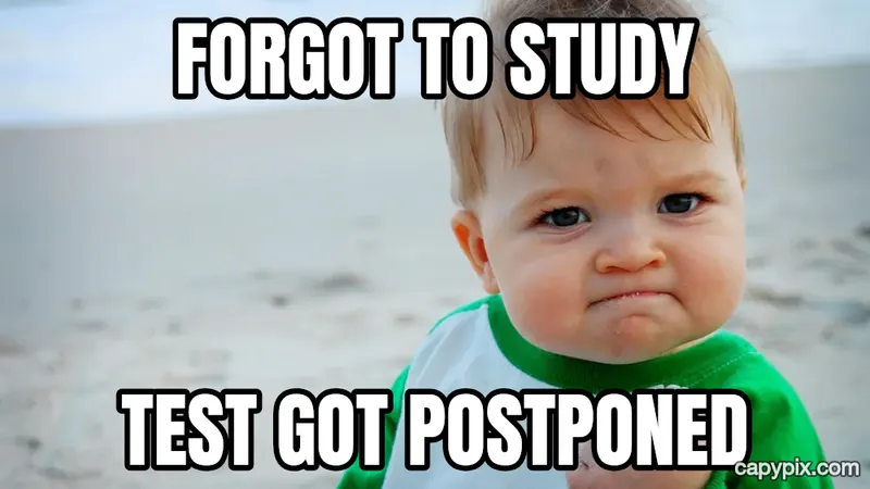 Success Kid meme example: Forgot to study / Test got postponed