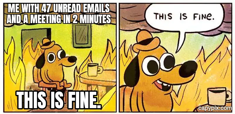 This Is Fine meme example: Me with 47 unread emails and a meeting in 2 minutes / This is fine.