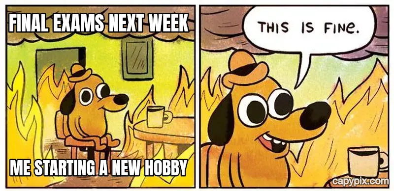 This Is Fine meme example: Final exams next week / Me starting a new hobby