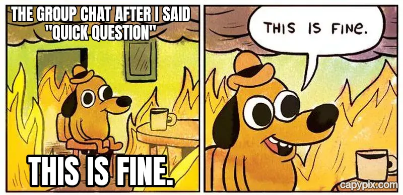 This Is Fine meme example: The group chat after I said "quick question" / This is fine.