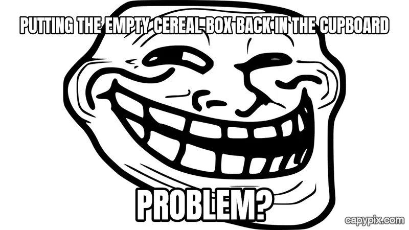 Trollface meme example: Putting the empty cereal box back in the cupboard / Problem?