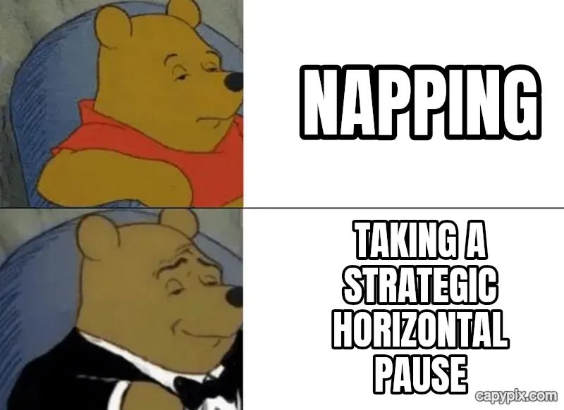 Tuxedo Winnie the Pooh meme example: Napping / Taking a strategic horizontal pause